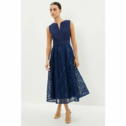 Coast Petite Notch Neck Belted Embroidered Midi Dre For Female