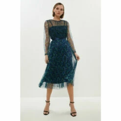 Coast Petite Long Sleeve Pleated Mesh Midi Dress For Female