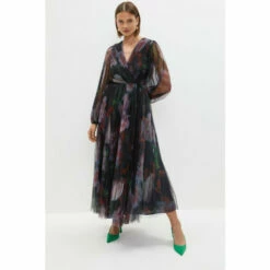 Coast Printed Mesh Pleated Wrap Dress For Female
