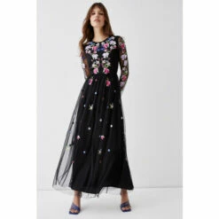 Coast Long Sleeve Floral Embroidered Mesh Midi Dress For Female