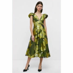 Coast V Neck Jacquard Dress With Frill Shoulder For Female