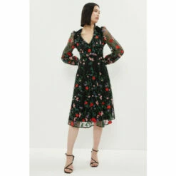 Coast Embroidered Mesh V Neck Scallop Trim Dress For Female