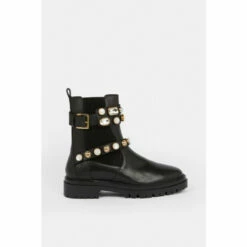 Coast Gem And Faux Pearl Strap Leather Boot For Female