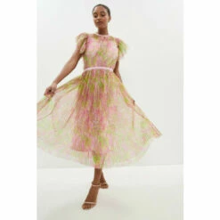 Coast Printed Frill Sleeve Pleated Mesh Midi Dress For Female