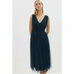 Coast Sleeveless Tulle V Front Bow Back Midi Dress For Female