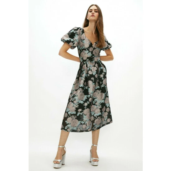 Coast Puff Sleeve Notch Neck Midi Dress For Female