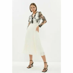 Coast Embroidered Mesh Long Sleeve Pleated Skirt Midi Dress For Female