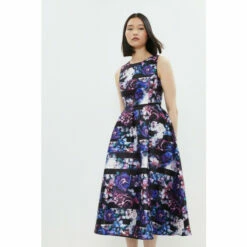 Coast Stripe Floral Print Full Skirt Midi Dress For Female