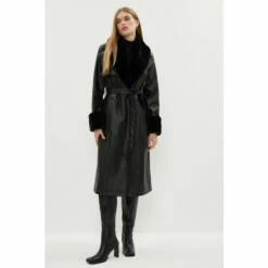 Coast Faux Fur Detail Belted Pu Trench Coat For Female