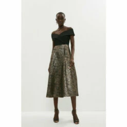 Coast Bardot Cross Front Metallic Jacquard Skirt Midi Dress For Female