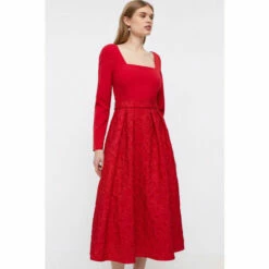 Coast Long Sleeve Jacquard Skirt Belted Midi Dress For Female