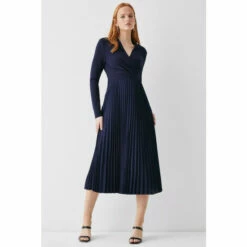 Coast Stand Collar Ponte Bodice Pleat Skirt Dress For Female