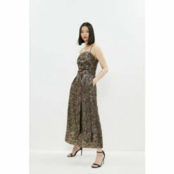 Coast Metallic Jacquard Pleat Bodice Wide Leg Jumpsuit For Female