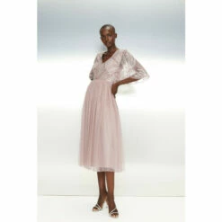 Coast Embellished Bodice Angel Sleeve Midi Dress For Female