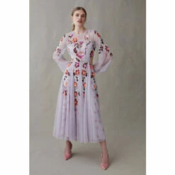 Coast Balloon Sleeve Open Back Floral Embellished Midi Dress For Female