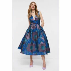 Coast Plunge Neck Premium Jacquard Midi Dress For Female