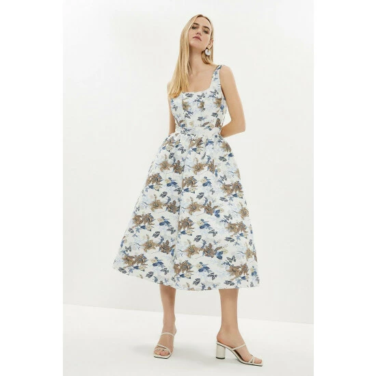 Coast Bodice Detail Full Skirted Jacquard Midi Dres For Female - Image 2