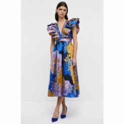 Coast Ruffle Sleeve Organza Jacquard Midi Dress For Female