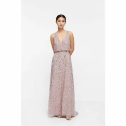 Coast Petite V Neck Blouson Sequin Maxi Dress For Female