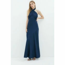 Coast Crinkle Chiffon Halter Top Satin Maxi Dress For Female
