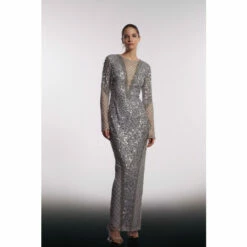 Coast Embellished Mesh Overlay V Neck Dress For Female