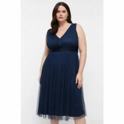 Coast Plus Size Sleeveless Tulle V Front Bow Back Midi Dress For Female