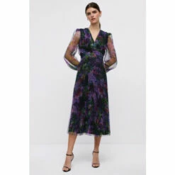 Coast Long Sleeve Waist Detail Pleated Mesh Midi Dress For Female