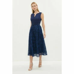 Coast Notch Neck Belted Embroidered Midi Dress For Female