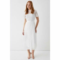 Coast Corded Lace Top Pleated Full Skirt Midi Dress For Female