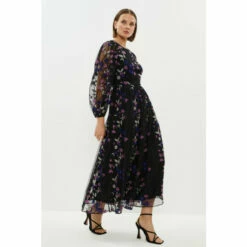 Coast Embroidered Mesh Blouson Sleeve Midi Dress For Female